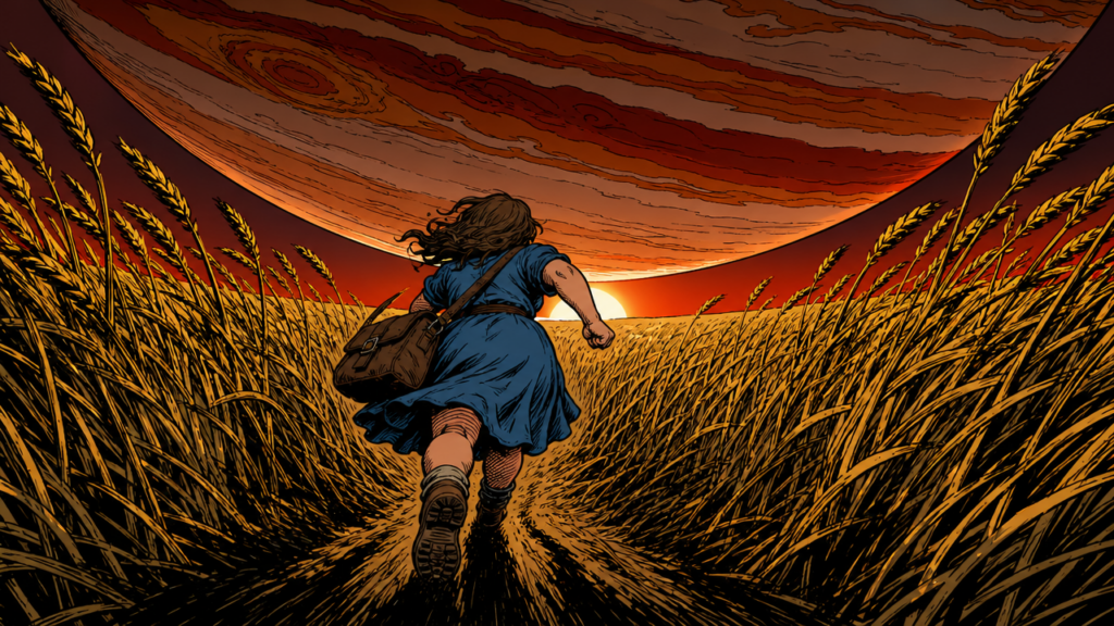 Samantha runs through the fields toward the sound of a ship. Generated by GPT Image 2.
