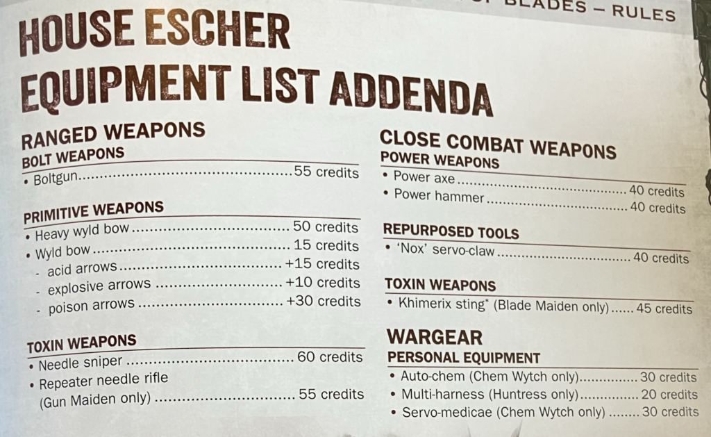 The journal addenda to the Escher equipment list