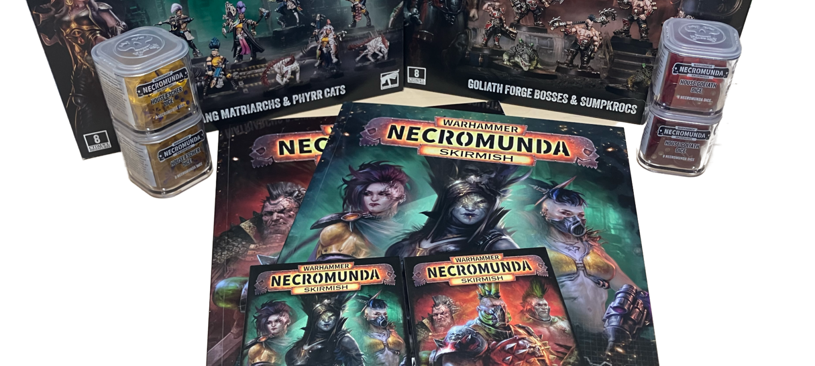 Two boxes of miniatures, four packs of dice, two journals, and two packs of cards.