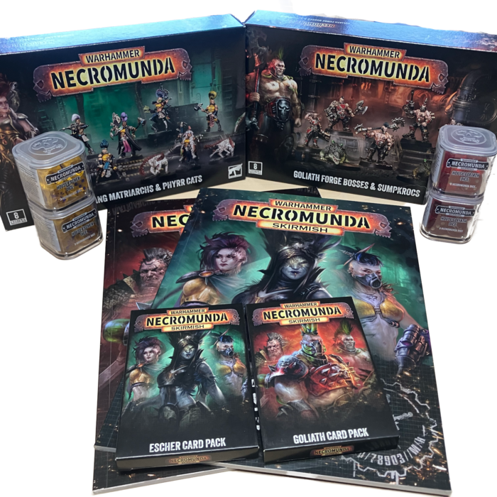 Two boxes of miniatures, four packs of dice, two journals, and two packs of cards.