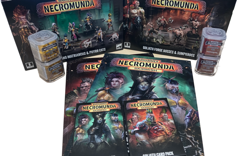 Two boxes of miniatures, four packs of dice, two journals, and two packs of cards.