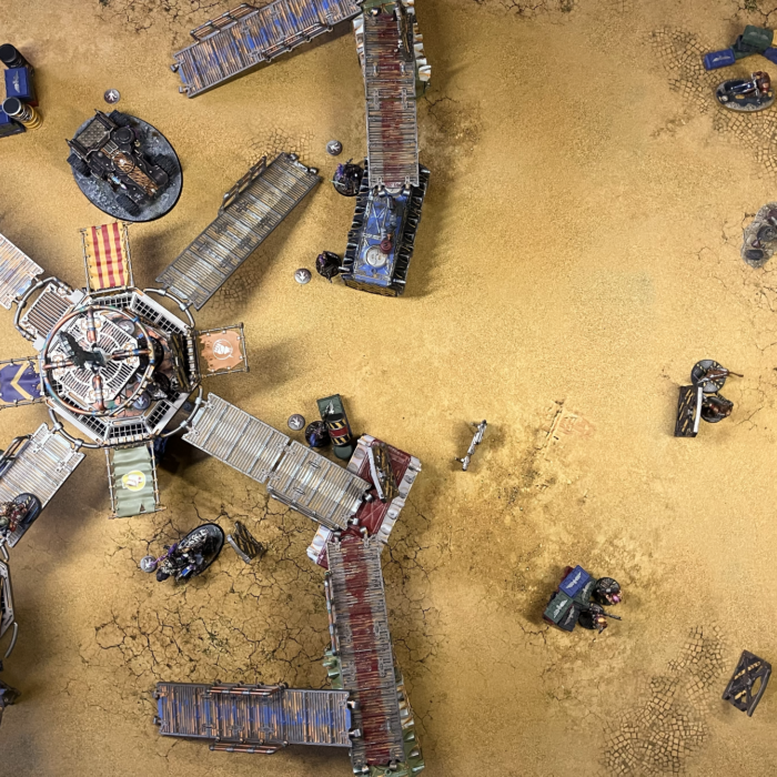 A table setup for the Necromunda Out of the Storm scenario.