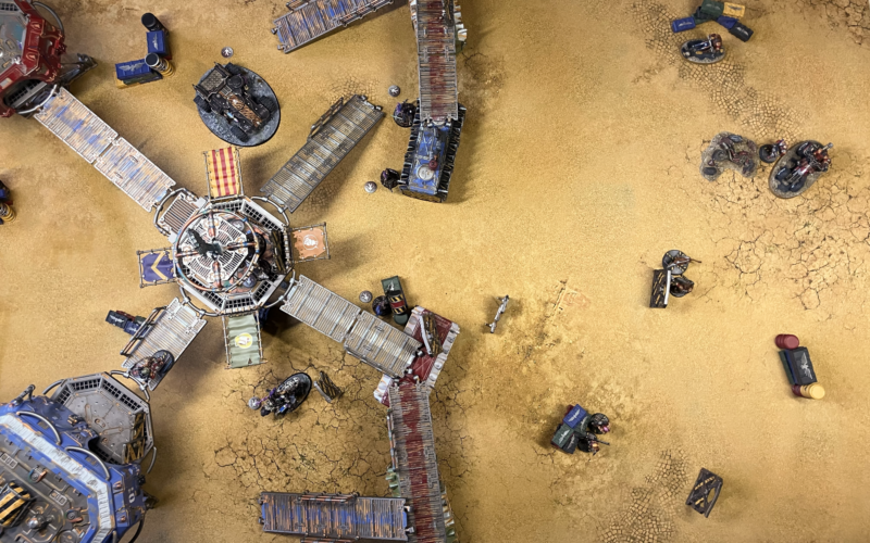 A table setup for the Necromunda Out of the Storm scenario.