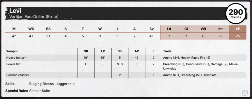 A stat card for the Ironhead Squats Vartijan Exo-Driller