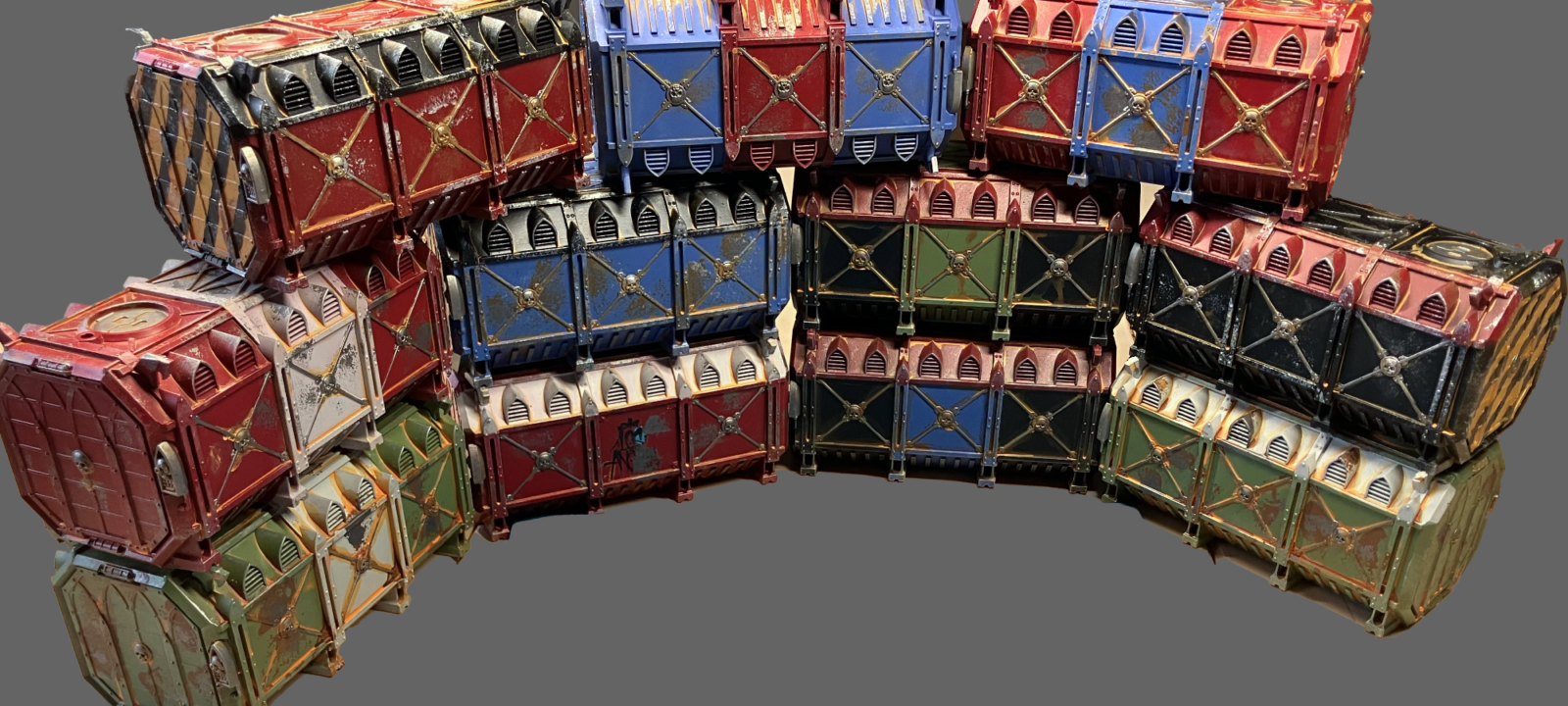 A display of almost a dozen containers arranged for display