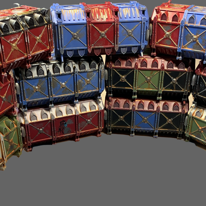 A display of almost a dozen containers arranged for display