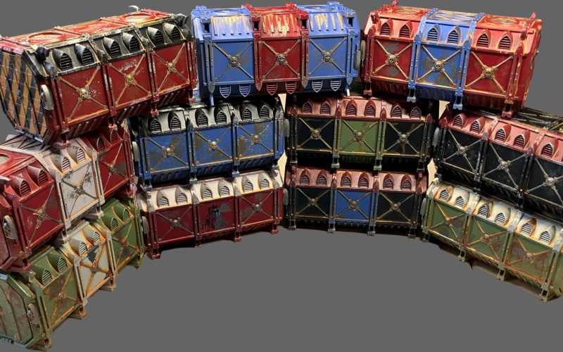 A display of almost a dozen containers arranged for display